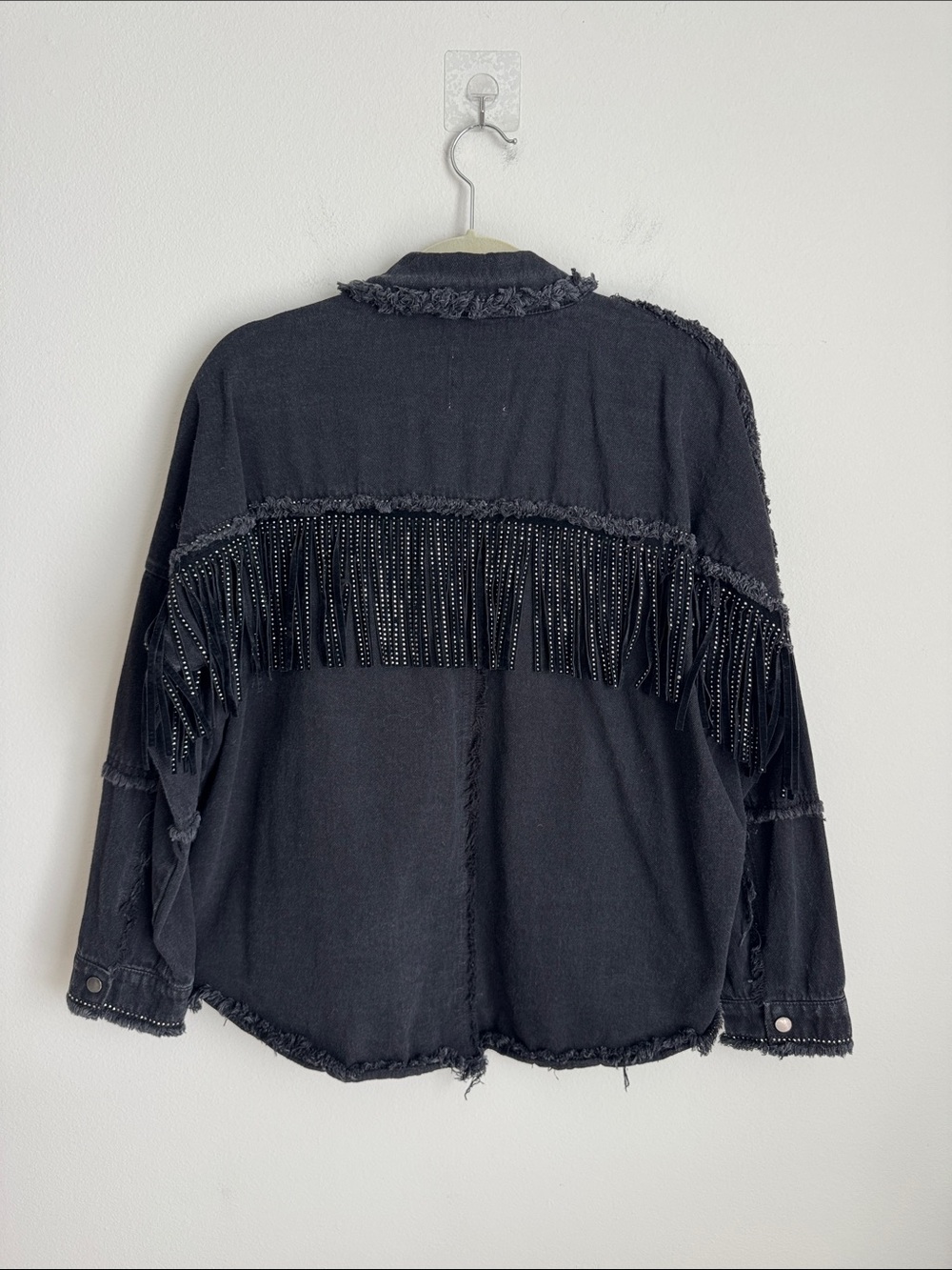 Zara Black Denim Rhinestone Fringe Oversized Jacket Size Small - Picture 8 of 15